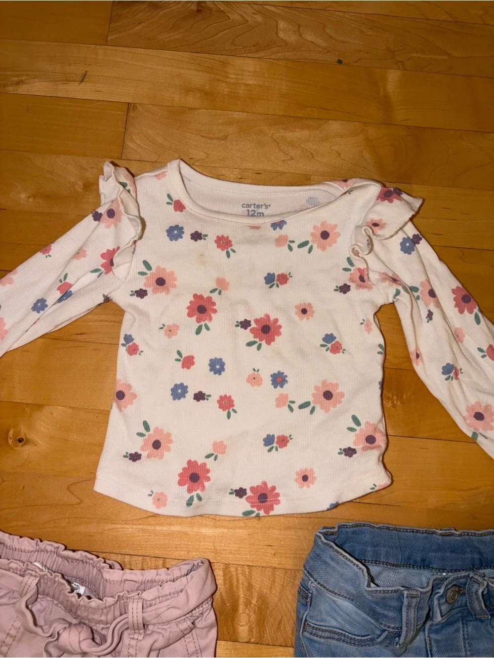 Set of 3 Floral Print Top & Denim Flare Bell Bottom Jeans & Pink Cargo Pants